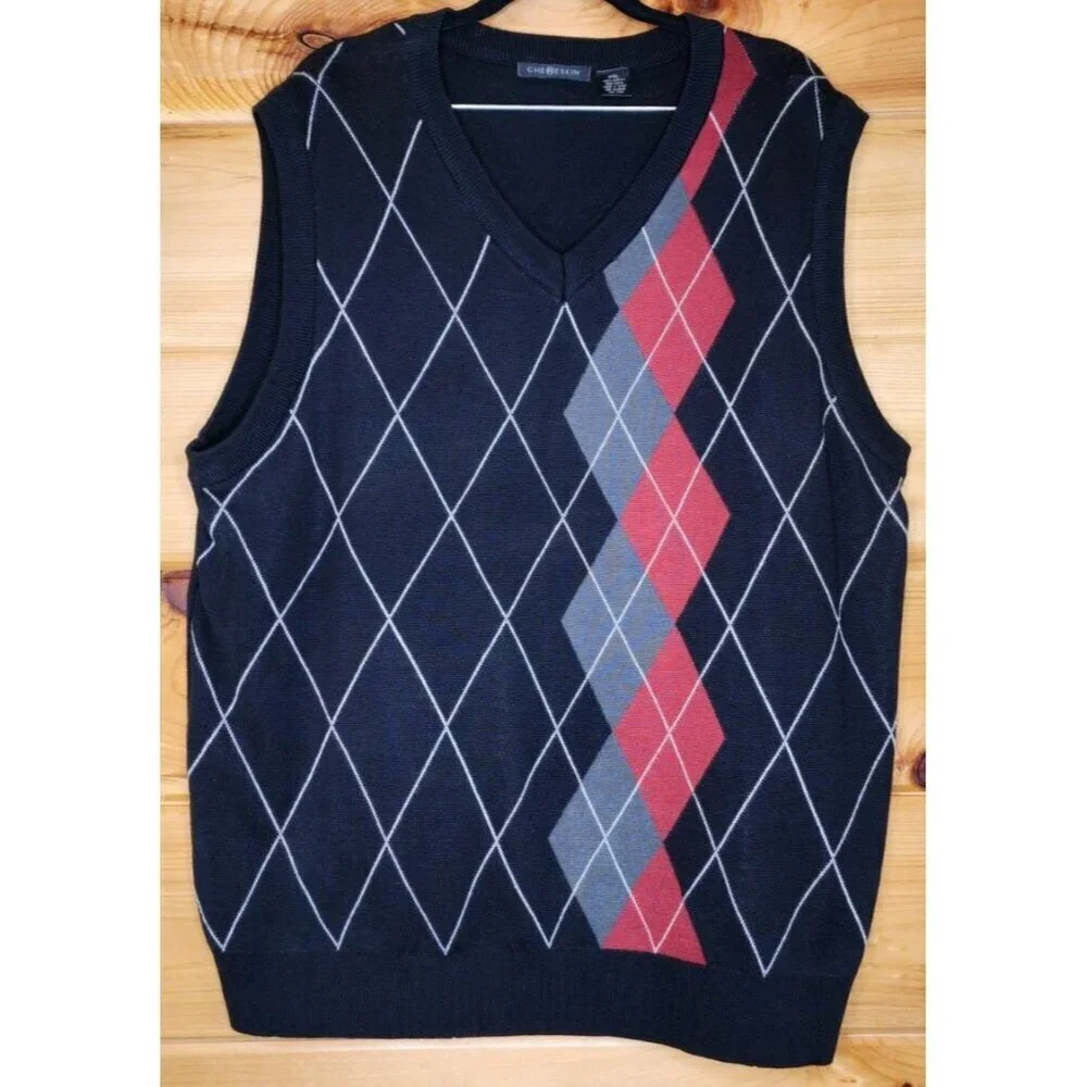 Chereskin Mens Size XXL Sweater Vest Dusty Red Gray Black Argyle 100% Acrylic